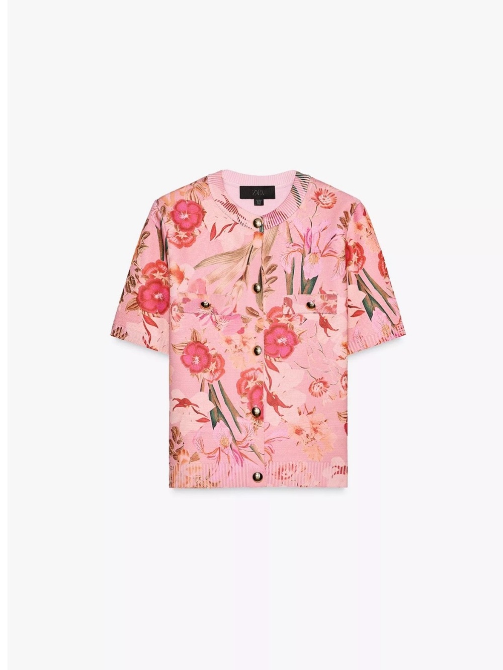 ZARA NWT- Pink Floral Short-Sleeve Button Cardigan. Size small.